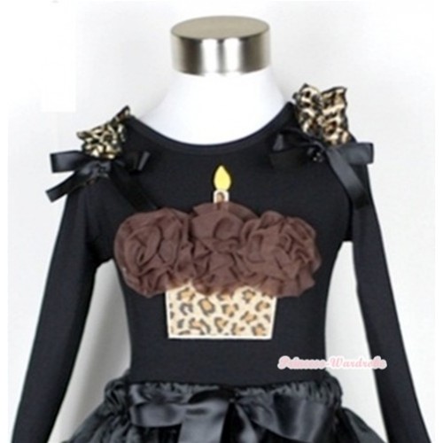 Black Long Sleeves Top with Brown Rosettes Leopard Birthday Cake Print With Leopard Ruffles & Black Bow TB277 